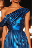 Metallic Pleated Dark Blue One Shoulder Cocktail Dress