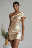 Champagne Satin One Shoulder Cocktail Dress