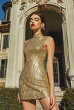 Golden High Neck Mini Sparkly Cocktail Dress