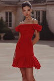 Red Off The Shoulder Tight Ruffled Cocktail Dress
