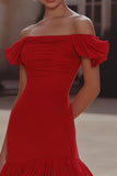 Red Off The Shoulder Tight Ruffled Cocktail Dress
