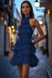 Halter Navy Tiered A Line Cocktail Dress