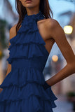 Halter Navy Tiered A Line Cocktail Dress