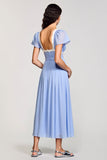 Light Blue A Line Wedding Guest Dress with Short Sleeves