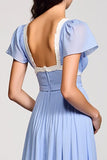 Light Blue A Line Wedding Guest Dress with Short Sleeves