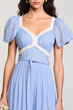 Light Blue A Line Wedding Guest Dress with Short Sleeves