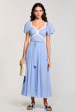 Light Blue A Line Wedding Guest Dress with Short Sleeves