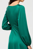 Green Square Neck A Line Satin Wedding Guest Dress with Long Sleeves