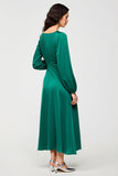 Green Square Neck A Line Satin Wedding Guest Dress with Long Sleeves