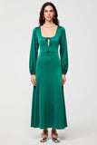 Green Square Neck A Line Satin Wedding Guest Dress with Long Sleeves