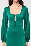 Green Square Neck A Line Satin Wedding Guest Dress with Long Sleeves