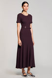 Dark Red A Line Short Sleeves Wedding Guest Dress with Belt