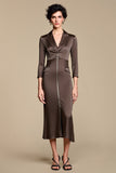 Brown V Neck Sheath Satin Wedding Guest Dress with Pockets