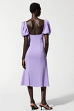Purple A Line Short Sleeves Midi Wedding Guest Dress