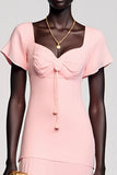 Pink A Line Wedding Guest Dress with Short Sleeve