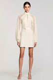 Ivory Bodycon High Neck Wedding Guest Dress with Long Sleeves