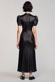 Black Scoop Neck A Line Satin Long Wedding Guest Dress