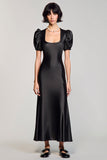 Black Scoop Neck A Line Satin Long Wedding Guest Dress