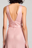 Satin Pink Round Neck A Line Wedding Guest Dress With Belt