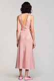 Satin Pink Round Neck A Line Wedding Guest Dress With Belt