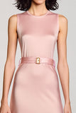 Satin Pink Round Neck A Line Wedding Guest Dress With Belt