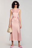 Satin Pink Round Neck A Line Wedding Guest Dress With Belt