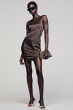 Coffee Satin Bodycon Round Neck Mini Wedding Guest Dress