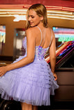 Purple A-Line Corset Tiered Ruffle Homecoming Dress With Sequins