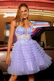 Purple A-Line Corset Tiered Ruffle Homecoming Dress With Sequins
