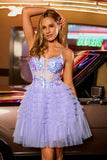 Purple A-Line Corset Tiered Ruffle Homecoming Dress With Sequins