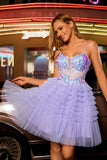 Purple A-Line Corset Tiered Ruffle Homecoming Dress With Sequins