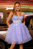 Purple A-Line Corset Tiered Ruffle Homecoming Dress With Sequins