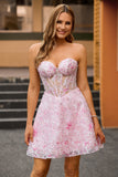 Pink Strapless Corset Beaded Floral A-Line Homecoming Dress