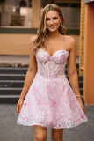 Pink Strapless Corset Beaded Floral A-Line Homecoming Dress