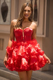 Red A-Line Strapless Tiered Ruffle Homecoming Dress With Bow