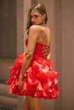Red A-Line Strapless Tiered Ruffle Homecoming Dress With Bow