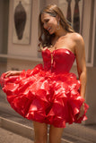Red A-Line Strapless Tiered Ruffle Homecoming Dress With Bow