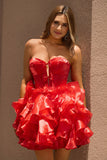 Red A-Line Strapless Tiered Ruffle Homecoming Dress With Bow