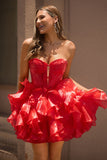 Red A-Line Strapless Tiered Ruffle Homecoming Dress With Bow