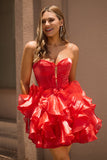 Red A-Line Strapless Tiered Ruffle Homecoming Dress With Bow