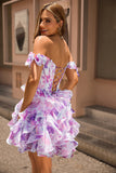 Off The Shoulder Printed Tiered Corset A-Line Purple Homecoming Dress