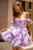 Off The Shoulder Printed Tiered Corset A-Line Purple Homecoming Dress