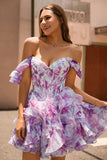 Off The Shoulder Printed Tiered Corset A-Line Purple Homecoming Dress
