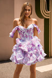 Off The Shoulder Printed Tiered Corset A-Line Purple Homecoming Dress