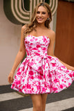 Fuchsia A-Line Strapless Floral Homecoming Dress With Bow