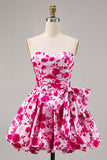 Fuchsia Printed Strapless Homecoming Dress with Bow