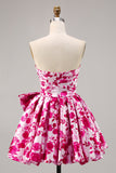 Fuchsia Printed Strapless Homecoming Dress with Bow