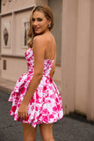 Fuchsia A-Line Strapless Floral Homecoming Dress With Bow