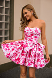 Fuchsia A-Line Strapless Floral Homecoming Dress With Bow
