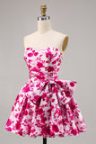 Fuchsia Printed Strapless Homecoming Dress with Bow